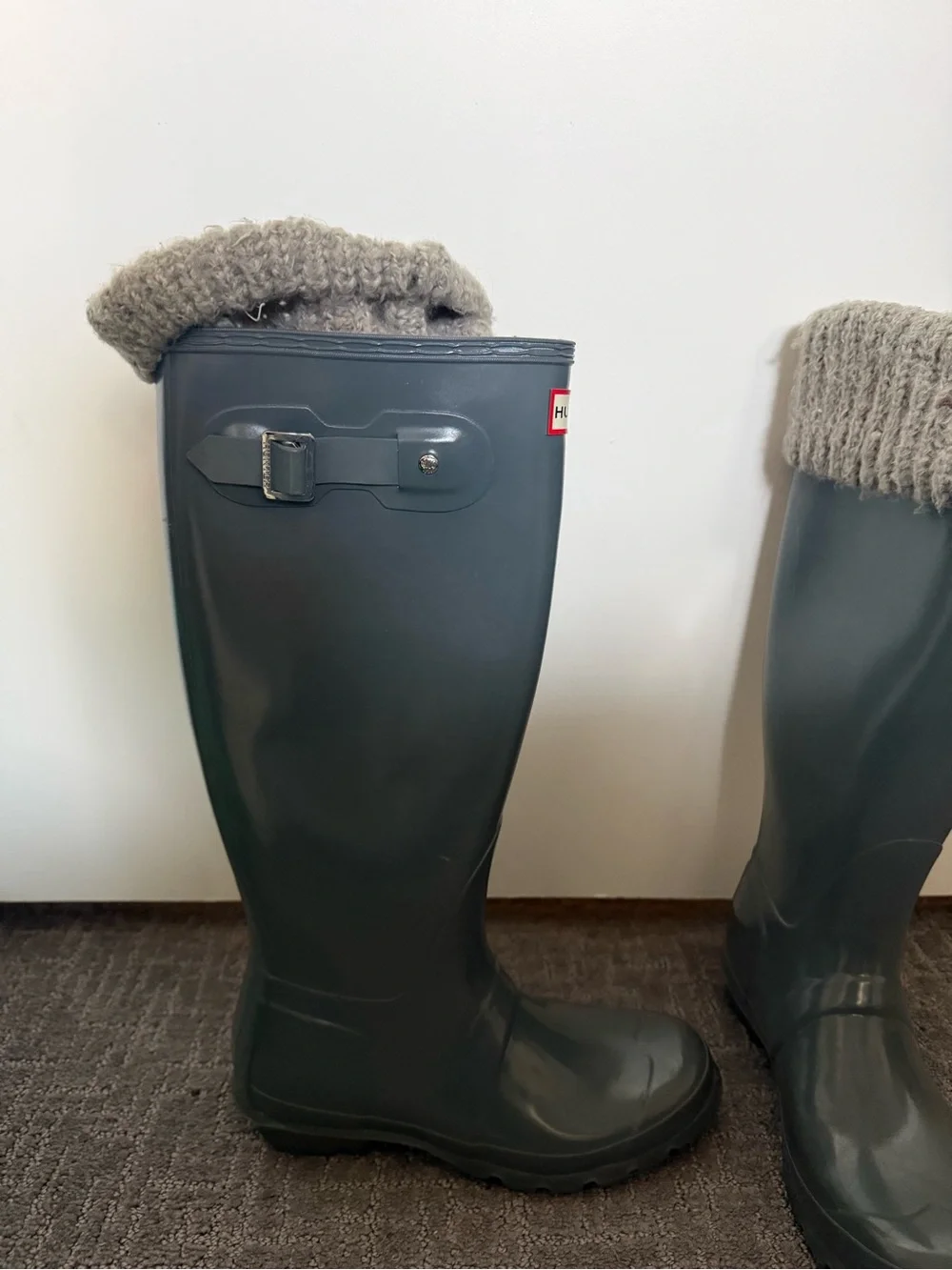 Hunter Tall Grey Rubber Rain Boots with Grey Knit Cuff